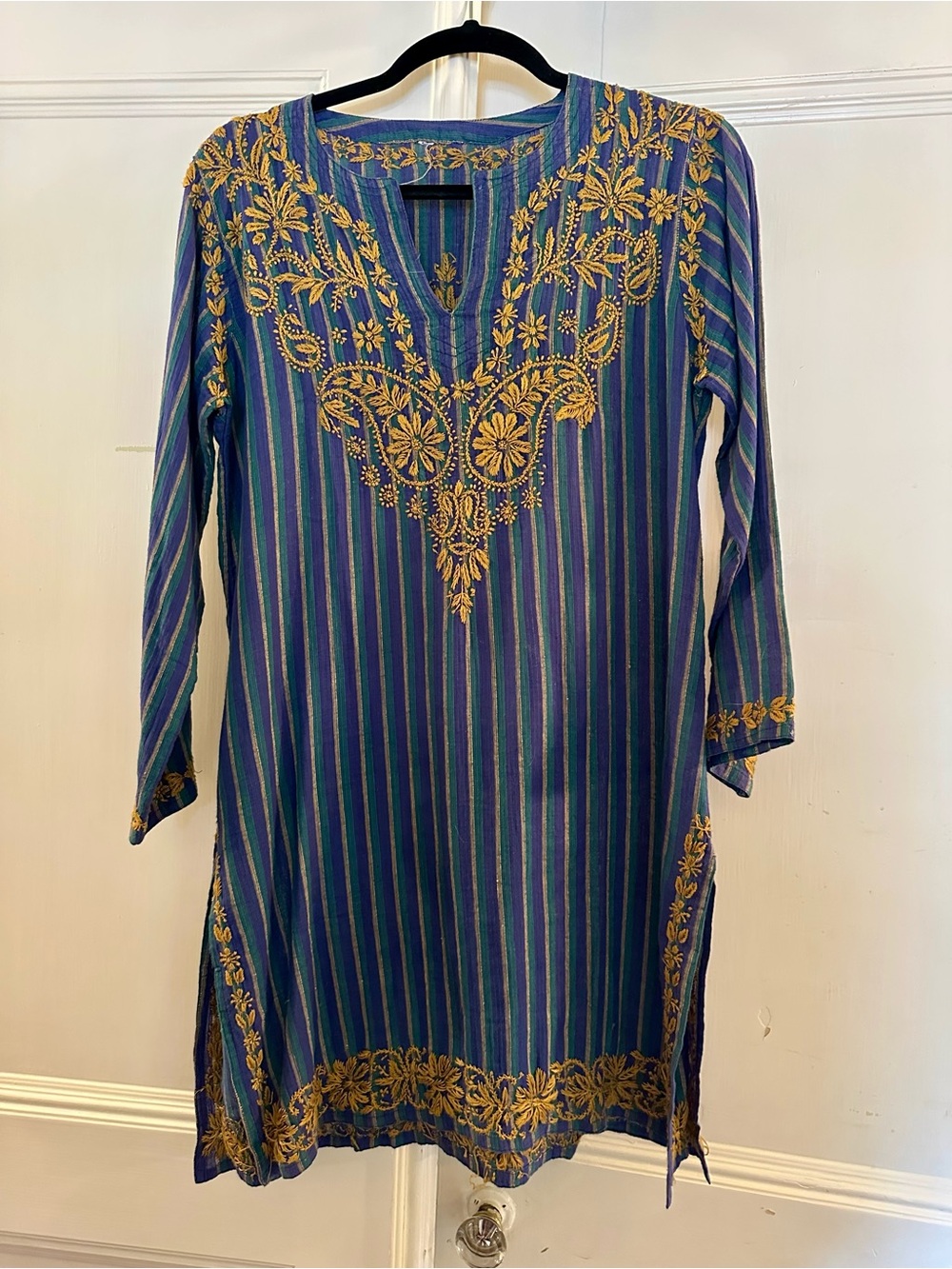 Blue Striped Tunic with Gold Embroidery, Made in India